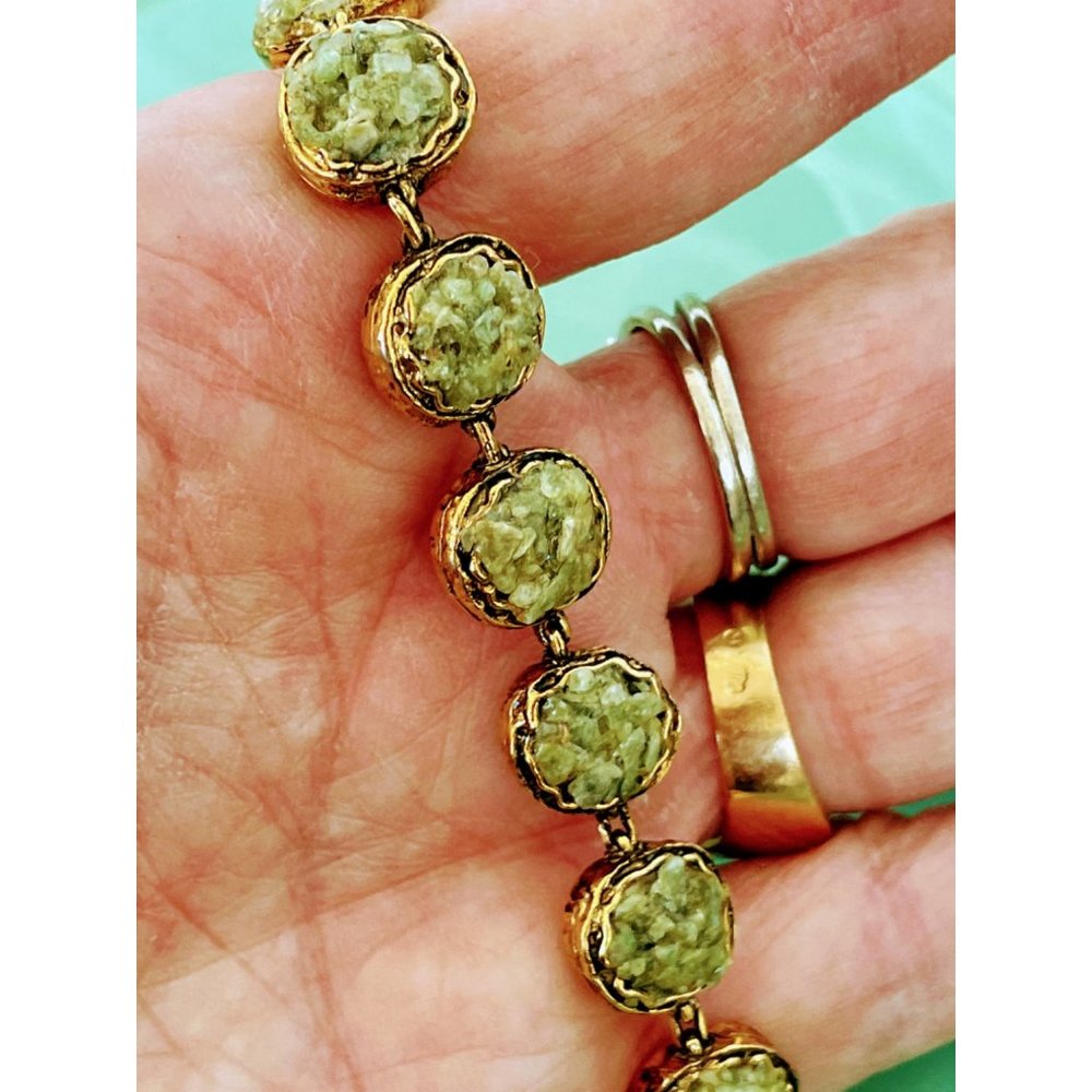 Vintage Green pebble stone Link bracelet Gold tone - Picture 3 of 10